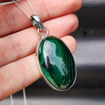 Solid Sterling Silver & Natural Malachite Handmade Oval Pendant & Chain Necklace