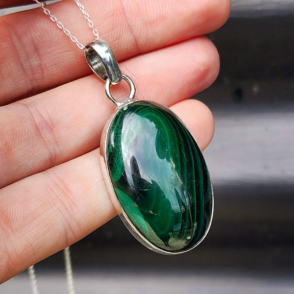 Solid Sterling Silver & Natural Malachite Handmade Oval Pendant & Chain Necklace