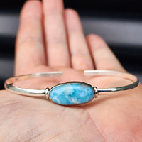 Solid Sterling Silver & Natural Larimar Handmade Cuff Bracelet