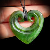 NZ Greenstone / Pounamu Double Koru Heart Pendant Necklace (N684)