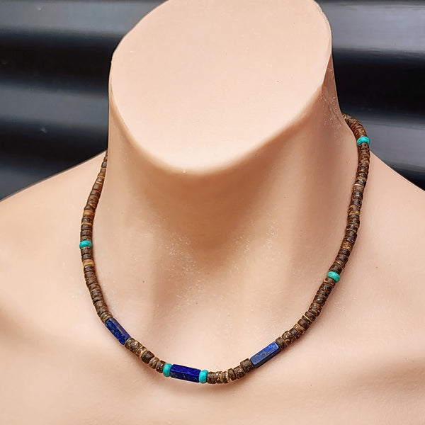 Coconut Shell, Turquoise & Lapis Lazuli Surfer Choker Necklace