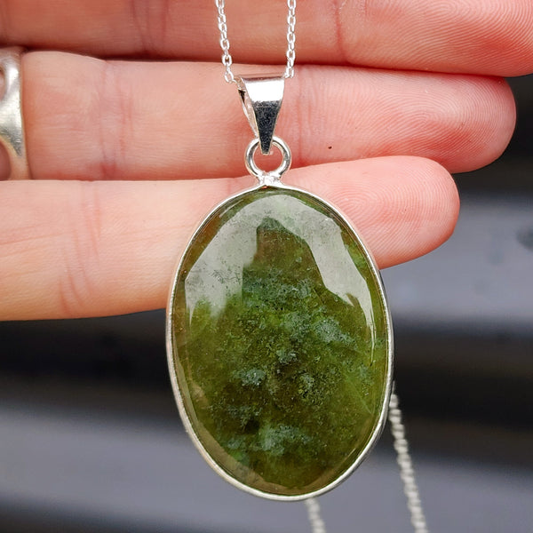 Solid Sterling Silver & Natural Greenstone Handmade Oval Pendant Necklace