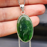 Silver Plated Natural Greenstone Handmade Oval Pendant & Chain Necklace (30X26)