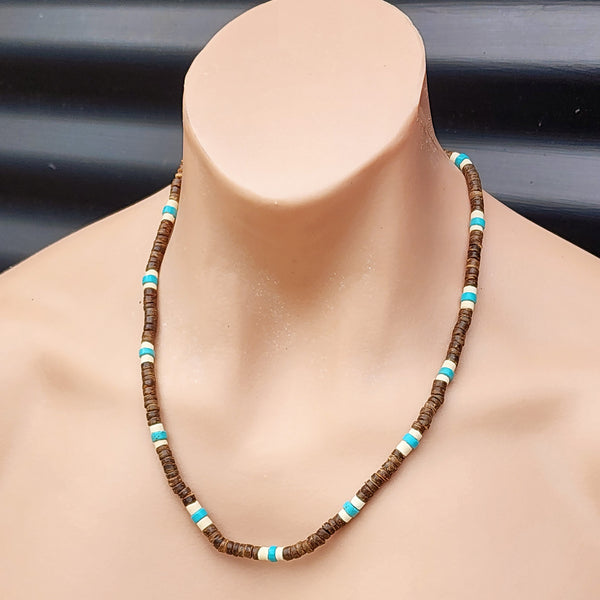 Coconut Wood & Turquoise Stone Surfer Choker Necklace