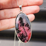 Solid Sterling Silver & Natural Rhodonite Handmade Oval Pendant & Chain Necklace