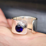 (R) Solid Sterling Silver & Blue Sapphire Handmade Wide Band Ring