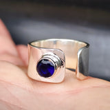 (R) Solid Sterling Silver & Blue Sapphire Handmade Wide Band Ring