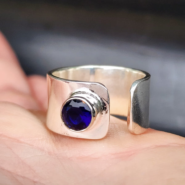 (R) Solid Sterling Silver & Blue Sapphire Handmade Wide Band Ring