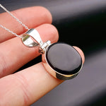 Solid Sterling Silver & Natural Black Onyx Handmade Round Pendant Necklace