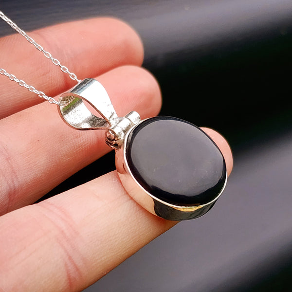 Solid Sterling Silver & Natural Black Onyx Handmade Round Pendant Necklace