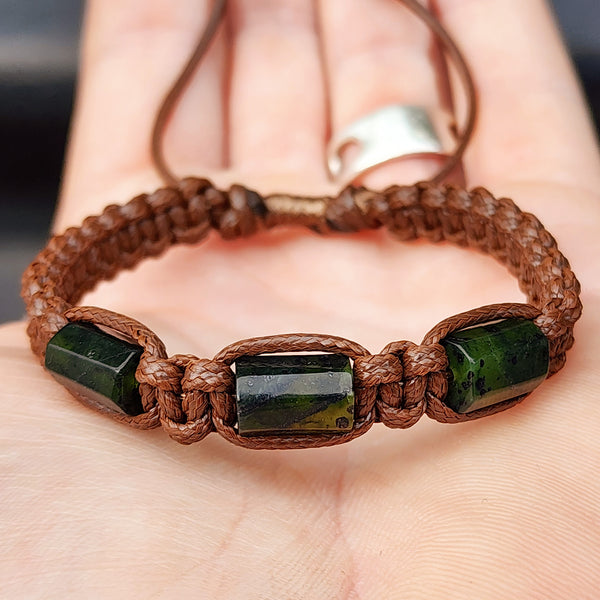 Natural Dark Nephrite Greenstone Cylinder Macrame Bracelet (BROWN)