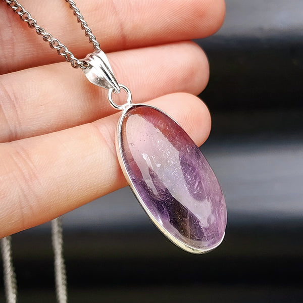 Silver Plated Natural Amethyst Handmade Oval Pendant & Chain Necklace (30X32)