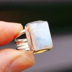 (R) Solid Sterling Silver & Natural Moonstone Handmade Rectangle Cage Ring
