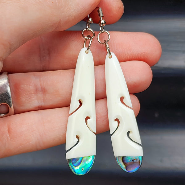 Natural Hand Carved Maori Bone Carving & Paua Earrings - Oval Paua Drops