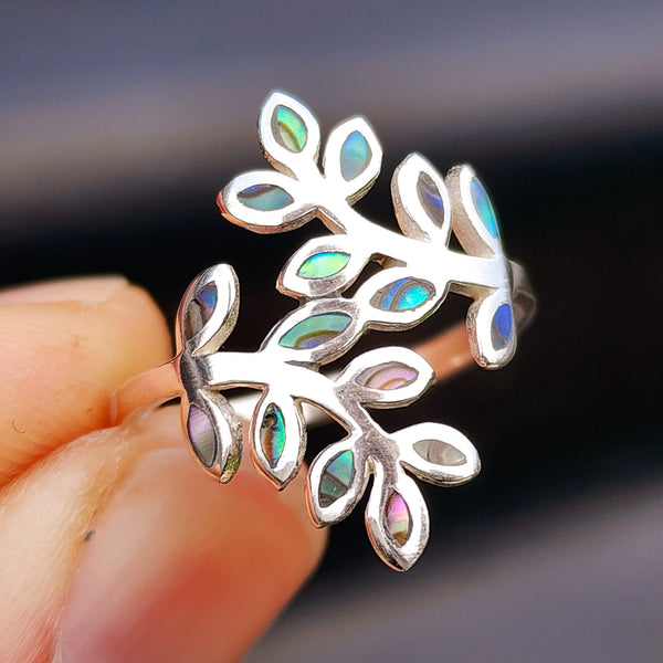 (R) Solid 925 Sterling Silver & Natural Paua Leaf Ring