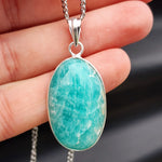 Silver Plated & Natural Amazonite Handmade Oval Pendant & Chain Necklace (30X9)