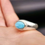 (T) Solid Sterling Silver & Natural Larimar Rustic Handmade Oval Solitaire Ring
