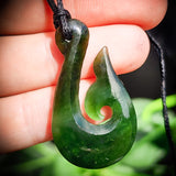 Nephrite Jade / Greenstone Whale Tail Hook Pendant Necklace (N498)
