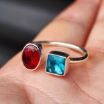 (T) Solid Sterling Silver & Double Setting Garnet & Topaz Handmade Ring