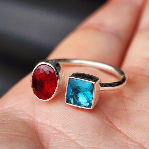 (T) Solid Sterling Silver & Double Setting Garnet & Topaz Handmade Ring