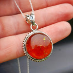100% Solid Sterling Silver & Natural Amber Handmade Round Pendant Necklace