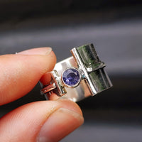 (R) Solid Sterling Silver & Natural Amethyst Rustic Handmade Cuff Ring