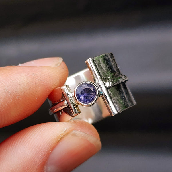 (R) Solid Sterling Silver & Natural Amethyst Rustic Handmade Cuff Ring