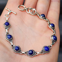 Solid Sterling Silver & Natural Lapis Lazuli Handmade Chain Bracelet