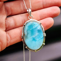 Solid Sterling Silver & Natural Blue Larimar Handmade Oval Necklace