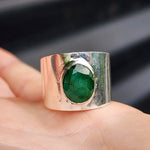 (V) Solid Sterling Silver & Natural Emerald Handmade Rustic Cuff Ring