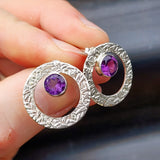 22mm Round Sterling Silver & Natural Amethyst Textured Stud Earrings