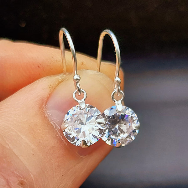8mm Clear CZ & Solid 925 Sterling Silver Round Hook Earrings