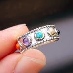 Solid Oxidized 925 Sterling Silver & Mixed Gemstone Band Ring