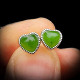 Nephrite Jade / Greenstone & Solid 935 Silver Heart Stud Earrings