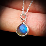 Solid 925 Sterling Silver & Natural Labradorite Faceted 9mm Drop Pendant Necklace