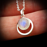 Solid 925 Sterling Silver & Natural Moonstone 12mm Round Pendant Necklace