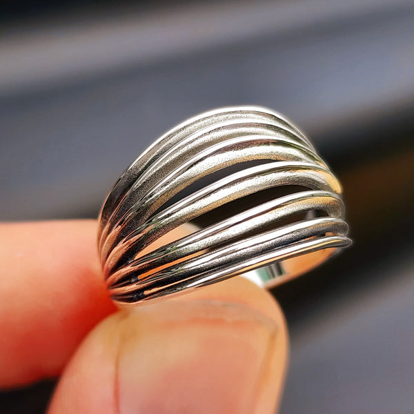 Solid 925 Sterling Silver 15mm Oxidized Spiral Cage Ring