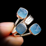 (Adjustable) Solid 925 Sterling Silver & Natural Raw Aquamarine 3x Setting Ring