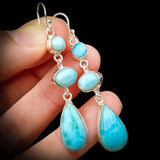 925 Sterling Silver & Natural Larimar 3x Setting Handmade Hanging Hook Earrings