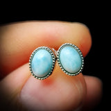 Natural Larimar & Solid 925 Sterling Silver Oval Stud Earrings