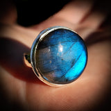 (Q) Solid 925 Sterling Silver & Natural Labradorite Round Handmade Ring