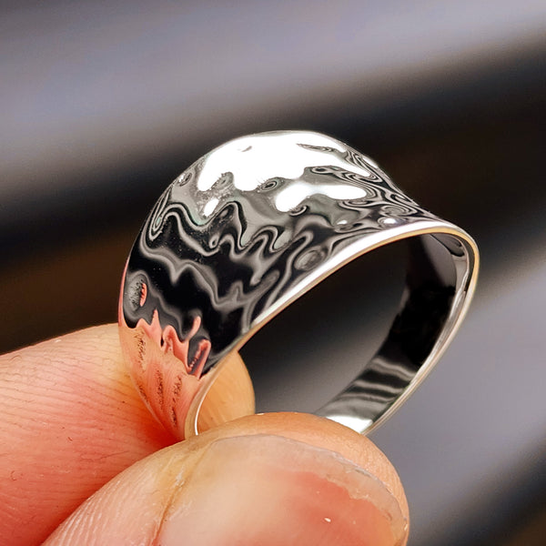 Solid 925 Sterling Silver Concaved Hammer Finish Wide Band Ring