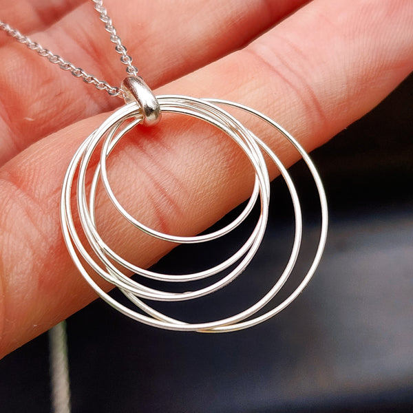 Solid 925 Sterling Silver 24mm Round Multi Layer Wire Pendant Necklace