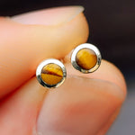 Solid 925 Sterling Silver & 5mm Natural Tiger Eye Round Stud Earrings