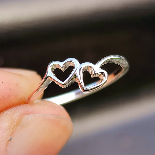 (O) Solid 925 Sterling Silver Double Heart Ring