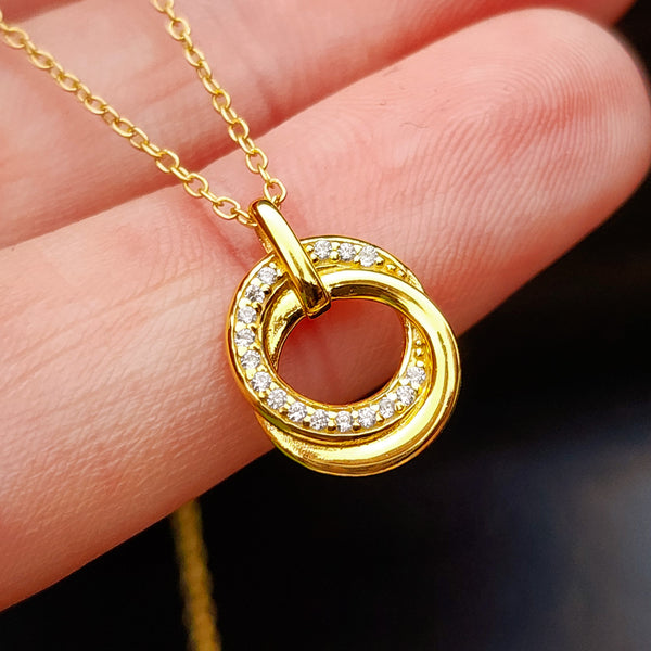 Solid 925 Sterling Silver Gold CZ Diamond Double Ring Necklace