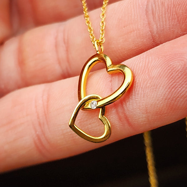 Gold 925 Sterling Silver Double Heart CZ Pendant Necklace