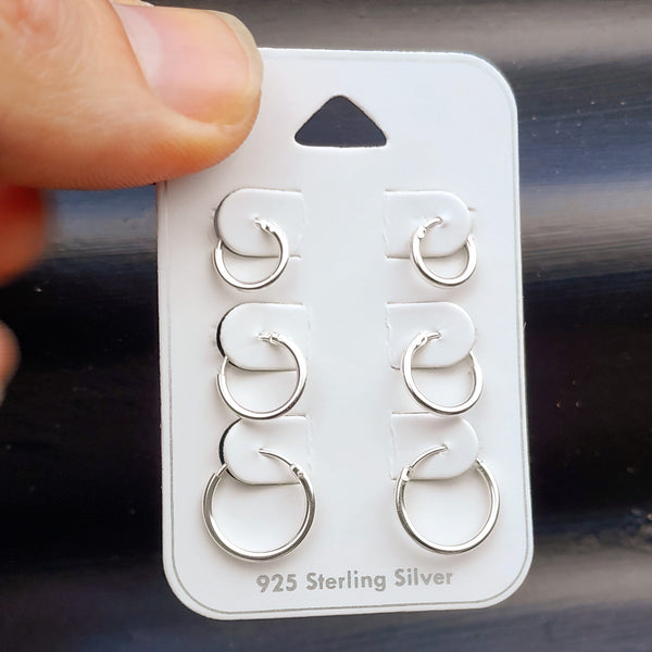 3x Sets of Solid 925 Sterling Silver Round Hoop Sleeper Earrings