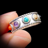 Solid Oxidized 925 Sterling Silver & Mixed Gemstone Band Ring
