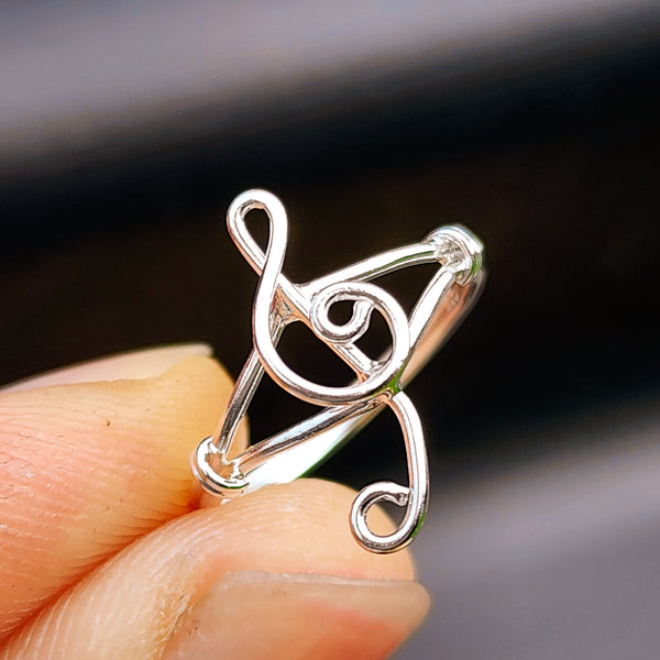 (M) Solid 925 Sterling Silver Treble Clef Music Note Ring